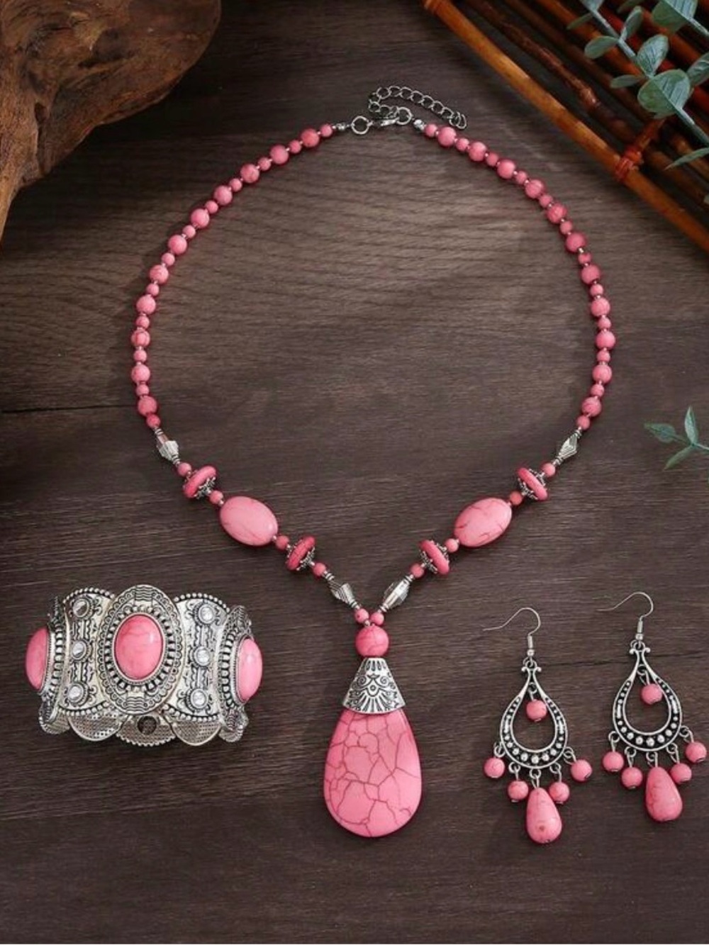 Pink Teardrop Necklace Bracelet & Earring Set